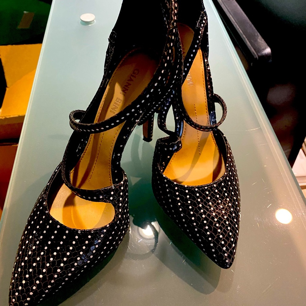Black and white ankle heels